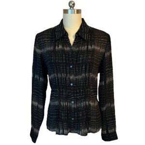 Liz Claiborne Tuxedo Pleated Sheer Black Button Down Shirt Blouse - EUC